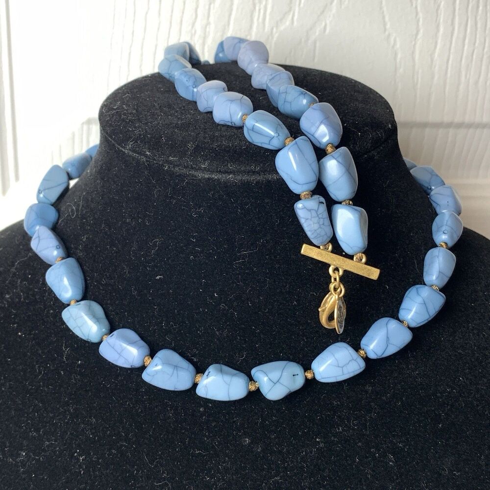 Premier Designs Vintage Blue Beaded Necklace Bracelet Set Gold Toggle